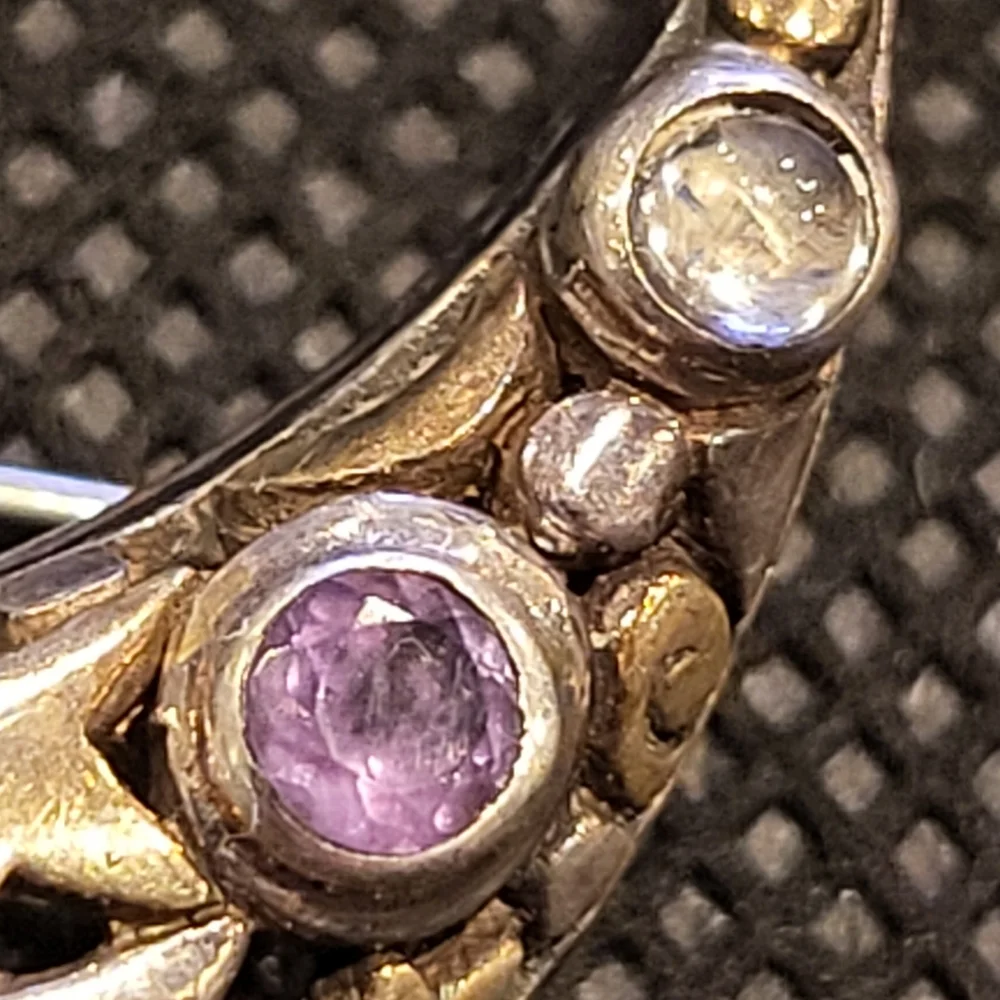 Crescent Moon & Stars Birthstone Sterling Silver Brooch